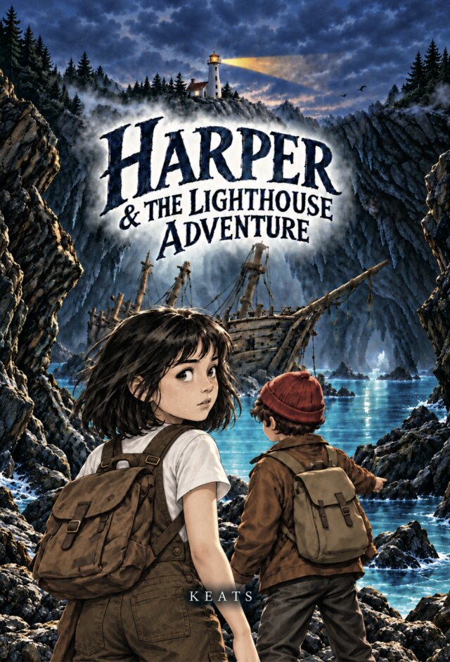 Front cover of Harper and the Lighthouse Adventure. A girl and a boy stand on rocks at the mouth of a sea cave, a wreck behind them and a lighthouse above. Cover lettering reads Harper and the Lighthouse Adventure, Keats.